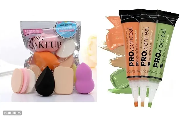 FOZZBY Pro HD Conceal (CONCEALER 8gm) For Full Coverage Makeup Corrector Pack of 3 (ORANGE,YELLOW,GREEN) with Washable Family Makeup Sponges/Puff Set (PACK_4)