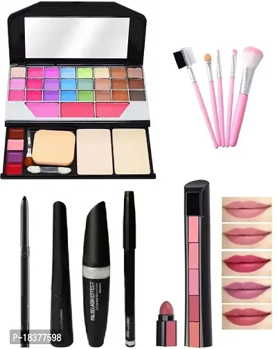 Beggie Face makeup combo (TYA MAKEUP PALETE + 5 PC MAKEUPBRUSH SET +2KAJAL +EYE LINER + MASCARA+ 5IN 1 NUDE LIPSTICK) (11 Items in the set)