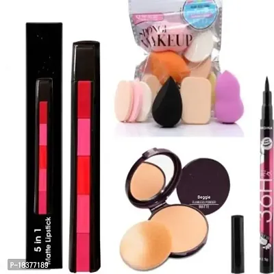 Beggie 5 in 1 Lipstick (Red Edition), Compact Powder, Eyeliner 36h, Sponge and Makeup Puff Pack (4 Items in the set)