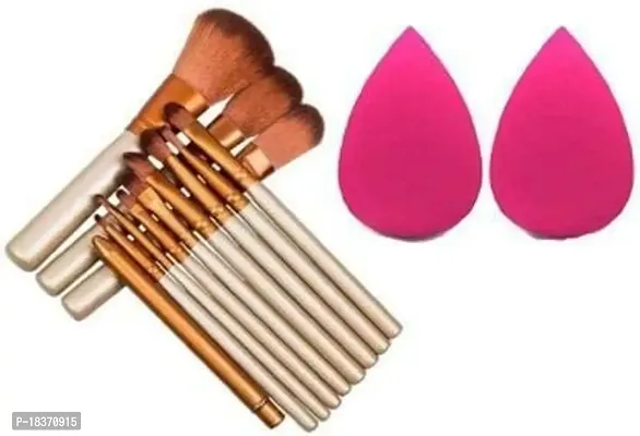 Women's  Girl's 12 Pcs Brown Soft Bristles Makeup Brushes Kit with 2 Pink Beauty Blenders - (Pack of 14)