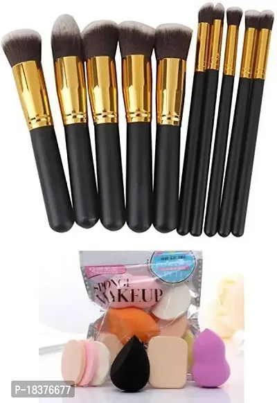 Beggie Premium Makeup Brushes Set of Ten , Black + 6 Piece Makeup Sponges (Pack of 11)