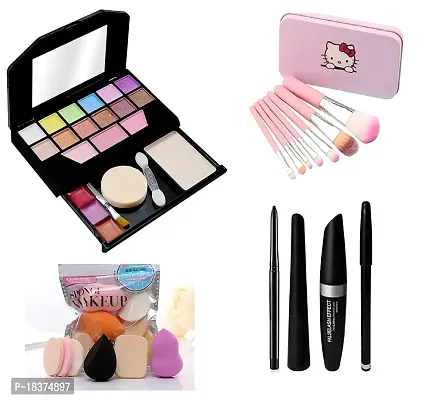 FOZZBY TYA Fashion Makeup Kit for Girls + Premium Hello Kitty Makeup Brushes 7 Piece + Kelli Makeup Sponges 6 Piece + Eye Liner  Kajal  Mascara  Eye Brow Pencil (4in1) (5024 Combo)