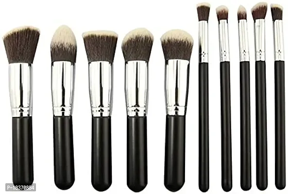 Women's  Girl's Soft Nylon Hair Bristle Makeup Brushes Set, Black-Silver - (Set of 10 Pcs)