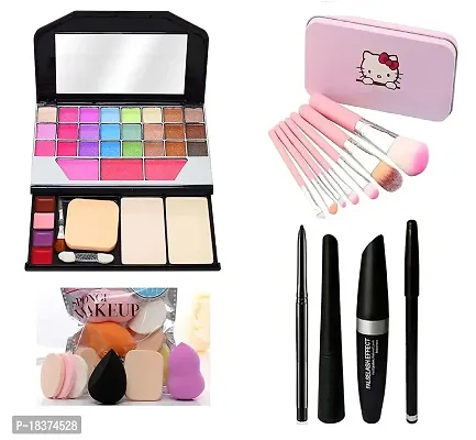 FOZZBY Fashion Makeup Kit for Girls + Premium Hello Kitty Makeup Brushes 7 Piece + Kelli Makeup Sponges 6 Piece + Eye Liner  Kajal  Mascara  Eye Brow Pencil (4in1) (6155 Combo)