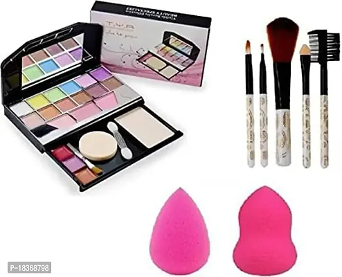 Women's  Girl's Mini Tya 5024 Multicolour Makeup Kit and 5 White Mini Light Weight Makeup Brushes with 2 Pink Beauty Blenders - (Pack of 8)-thumb0