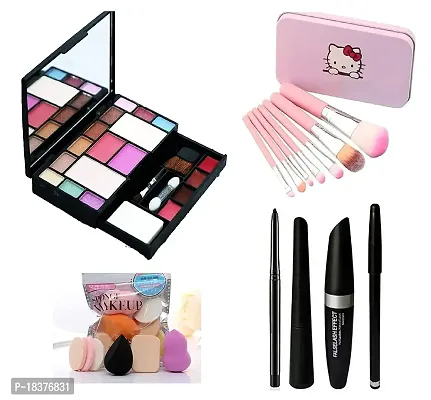 FOZZBY TYA Fashion Makeup Kit for Girls + Premium Hello Kitty Makeup Brushes 7 Piece + Kelli Makeup Sponges 6 Piece + Eye Liner  Kajal  Mascara  Eye Brow Pencil (4in1) (6171 Combo)