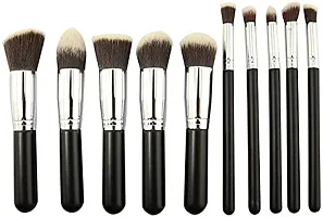 Women's  Girl's Makeup Brushes Set, Synthetic Foundation Face Powder Blush Eyeshadow Brush Makeup Brush Kit with Blender Sponge - (10Pcs - Black, Silver)-thumb1