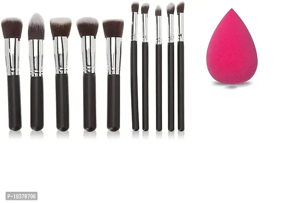 Women's  Girl's Makeup Brushes Set, Synthetic Foundation Face Powder Blush Eyeshadow Brush Makeup Brush Kit with Blender Sponge - (10Pcs - Black, Silver)