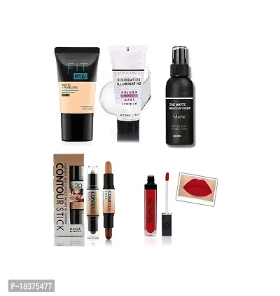 FOUNDATION 18ML, PRIMER 50ML, FIXER 100ML, CONTOUR STICK + SINGLE MTTE RED LIQUID LIPSTICK