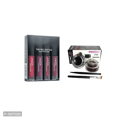 4X1 MATTE RED LIQUID LIPSTICK + MUSIC FLOWER BLACK  BROWN GEL EYELINER 6G-thumb0