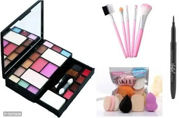 Beggie Fashion Makeup Kit + 5 Piece Brush Set + Now Makeup Sponges + Eyeliner Black