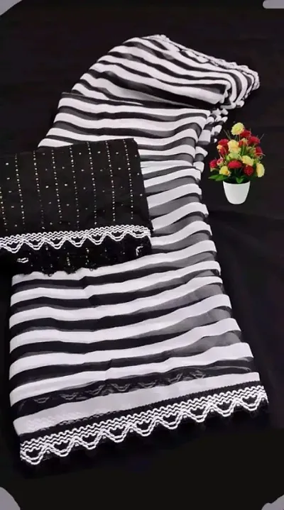 Georgette Black and White Printed Lace Border Sarees with Blouse Piece