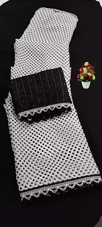 Georgette Black and White Printed Lace Border Sarees with Blouse Piece