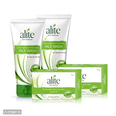 Alite Anti Acne Skin Care Combo Pack of 4 - Neem Aloevera Soap with (2) 75g Each |Neem Aloevera Face Wash (2)70g Each with Natural Herbs for Skin Purifying-thumb0