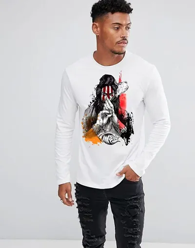 White Polyester Round Neck Full-sleeve Tees for Men