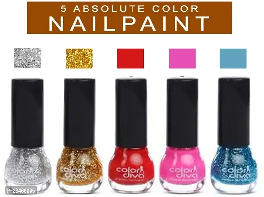 5- Nail Paint Pack Of 5 Silver Sparkle,Golden Sparkle, Red, Pink, Blue Sparkle ()