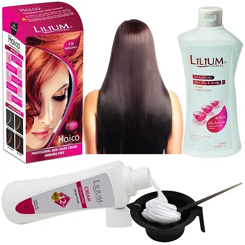 Hair Dye Kit Of Burgundy Hair Colour Cream Developer White Shampoo Bowl Brush Pack Of 4