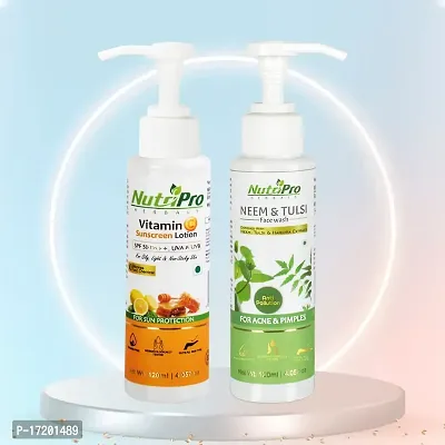 NutriPro Vitamin-C Sunscreen Lotion SPF 50 PA++  Neem Tulsi Face Wash 120ml Each | Enriched With Orange Peel Extract  Tulsi, Haridra Extract | Anti Pollution, Protect From UV Rays Pack Of 2