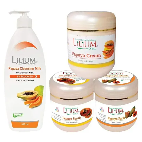 Lilium Herbal Papaya Skin Care Combo Cleansing Milk Cream Scrub Pack Set Of 4 Gc668