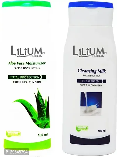 Lilium Aloe Vera Moisturizer For Face And Body Lotion With Regular Cleansing Milk 100 Ml Each 2 Items In The Set