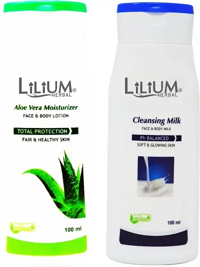 Lilium Aloe Vera Moisturizer For Face And Body Lotion With Regular Cleansing Milk 100 Ml Each 2 Items In The Set