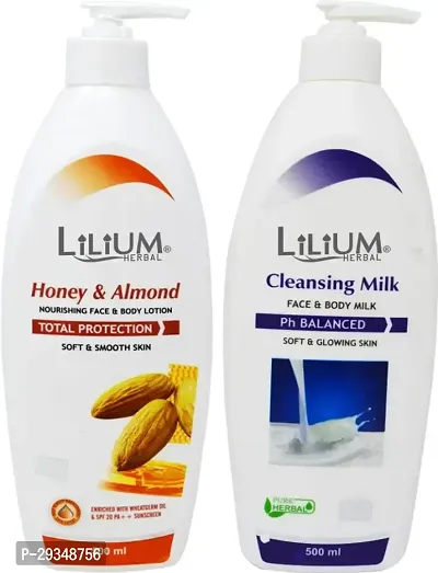 Lilium Honey And Almond Nourishing Face And Body Lotion With Regular Cleansing Milk 500 Ml Each 1000 Ml-thumb0