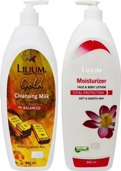 Lilium Regular Moisturizer For Face And Body Lotion With Gold Cleansing Milk 900 Ml Each 1800 Ml