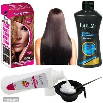 Hair Colour Combo Of Natural Brown Hair Colour Cream Developer Black Shampoo Bowl And Brush Pack Of 4-thumb0