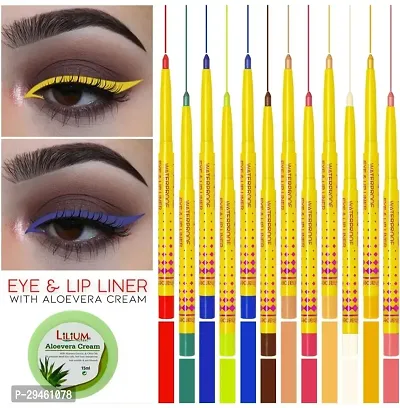 Waterproof Eye And Lip Liner Pencils 0.35G Pack Of 12 With Lilium Aloevera Cream 0.35 G (Multicolor)