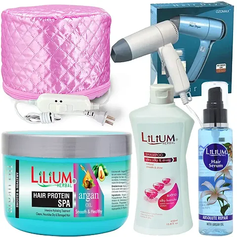 Lilium Hair Care Products Bundle With Hair Spa Cap, Pack of 5PCs, (GC1529)