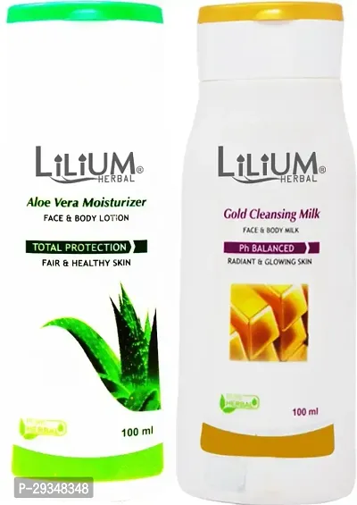 Lilium Aloe Vera Moisturizer For Face And Body Lotion With Gold Cleansing Milk 100 Ml Each 2 Items In The Set