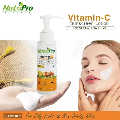 NutriPro Vitamin-C Sunscreen Lotion SPF 50 PA++, UVA  UVB 120Ml | Amla Fruit Extract  Orange Peel Extract | For Oily, Light  Non-Sticky Skin-thumb2