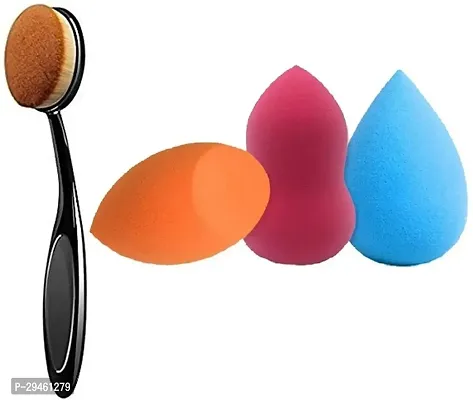 Professional Oval Foundation Brush With 3 Different Shapped Beauty Blender, Multicolor, Set Of 3 ()-thumb0