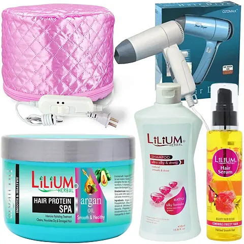 Lilium Professional Hair Care Natural Products Bundle With Hair Dryer & Spa Cap, Pack of 5PCs, (GC1526)