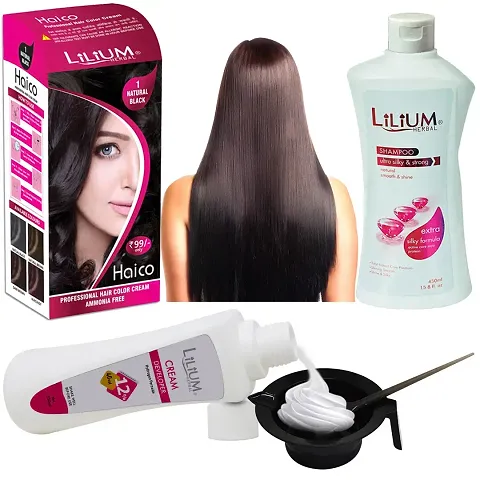 Hair Dye Kit Of Natural Black Colour Cream Developer White Shampoo Bowl Brush Pack Of 4