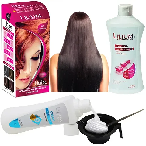 Hair Colour Combo Of Burgundy Hair Colour Cream Developer White Shampoo Bowl And Brush Pack Of 4