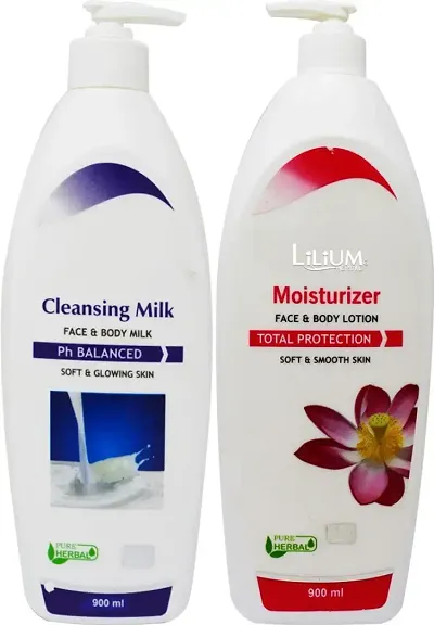 Lilium Regular Moisturizer For Face And Body Lotion With Cleansing Milk 900 Ml Each 1800 Ml
