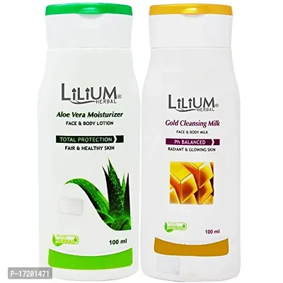 Lilium Aloe Vera Moisturizer Face  Body Lotion with Gold Cleansing Milk, 100ml Each