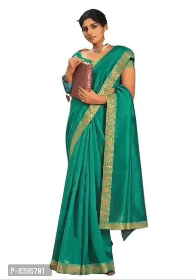 Vichitra Silk Designer Saree With Blouse Piece (Turquoise)