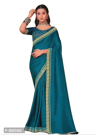 Vichitra Silk Lace Border Designer saree For Women With Embroidery Work Blouse (Blue)