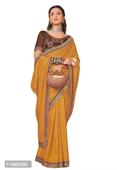 Vichitra Silk Lace Border Designer saree For Women With Embroidery Work Blouse (Mustard)