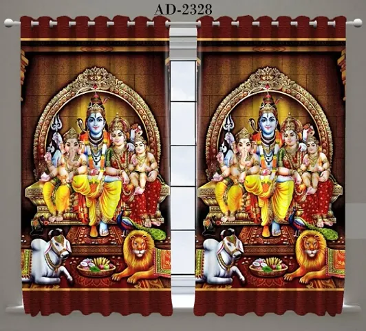 HHF DECOR Polyester Beautiful God Shiv Darbar Printed 4 x 5 Feet Window Use Pack of 2 Pecs Curtains for Temple Room Curtains
