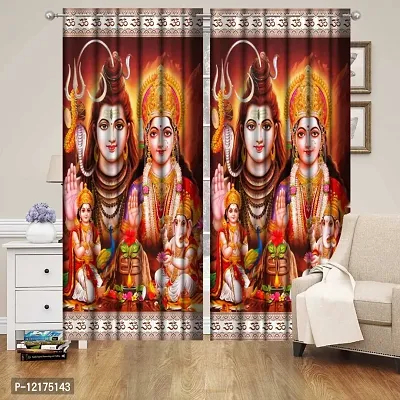 Polyester 3D Digital God Ganesh Shiv and Parvati Ji Print Curtains,9x4 feet,1PCS-thumb0