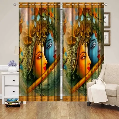 Harshika Home Furnishing Polyester 3D God Radhey Krishna Printed 4 x 7 Feet Door Size Curtain Set of 1 Pecs Multicolour
