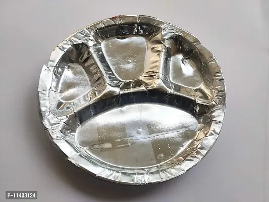 Disposable Paper Silver Plate THALI , 4 Compartments, 220 GSM, White Back , 90 Plates per Pack, 12"" Diameter-thumb0