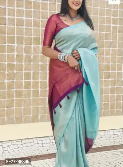 Beautiful Blue Cotton Saree With Blouse Piece For Women-thumb0