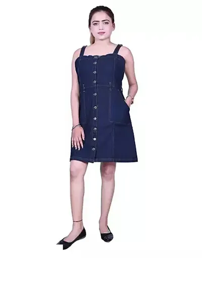 Stylish Blue Denim Solid A-Line Dress For Women