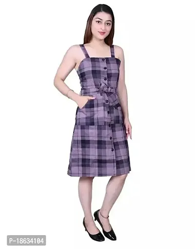 Stylish Purple Cotton Checked A-Line Dress For Women