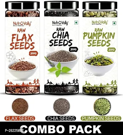 Nutrovally Raw Chia Seeds, Flax Seeds, Pumpkin Seeds - 600gm, Pack Of 3