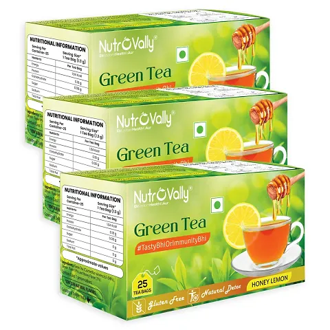 NutroVally Honey Lemon Green Tea 75 Pcs Tea Bags for weight loss with Premium Loose leaves 3x 25 Pcs